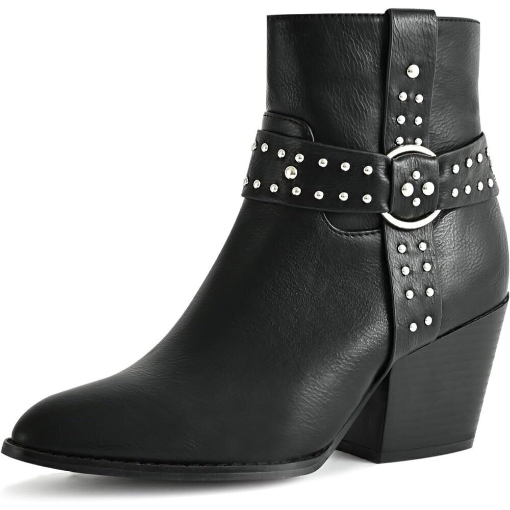 Chunky Stacked Heel Ankle Boots for Women Black Side Zipper Heeled Booties